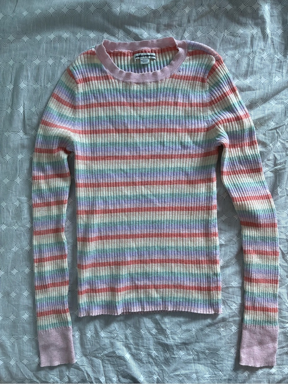 Pastel Rainbow Striped Ribbed Sweater - Pink Trim